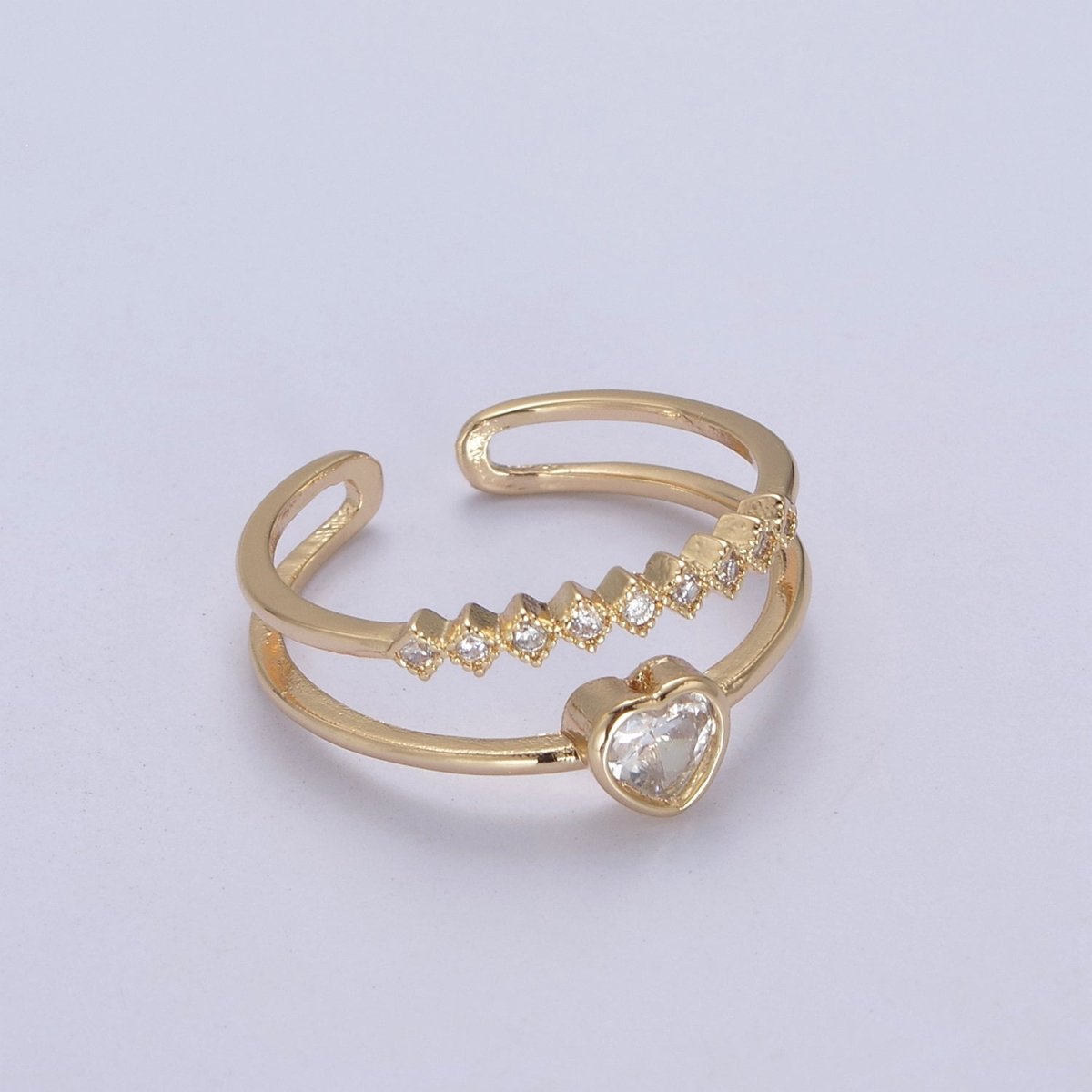 16K Gold Filled Double Band Geometric Square & Heart Crystal Zirconia CZ Promise Ring, Adjustable Ring For Valentine U-337 - DLUXCA