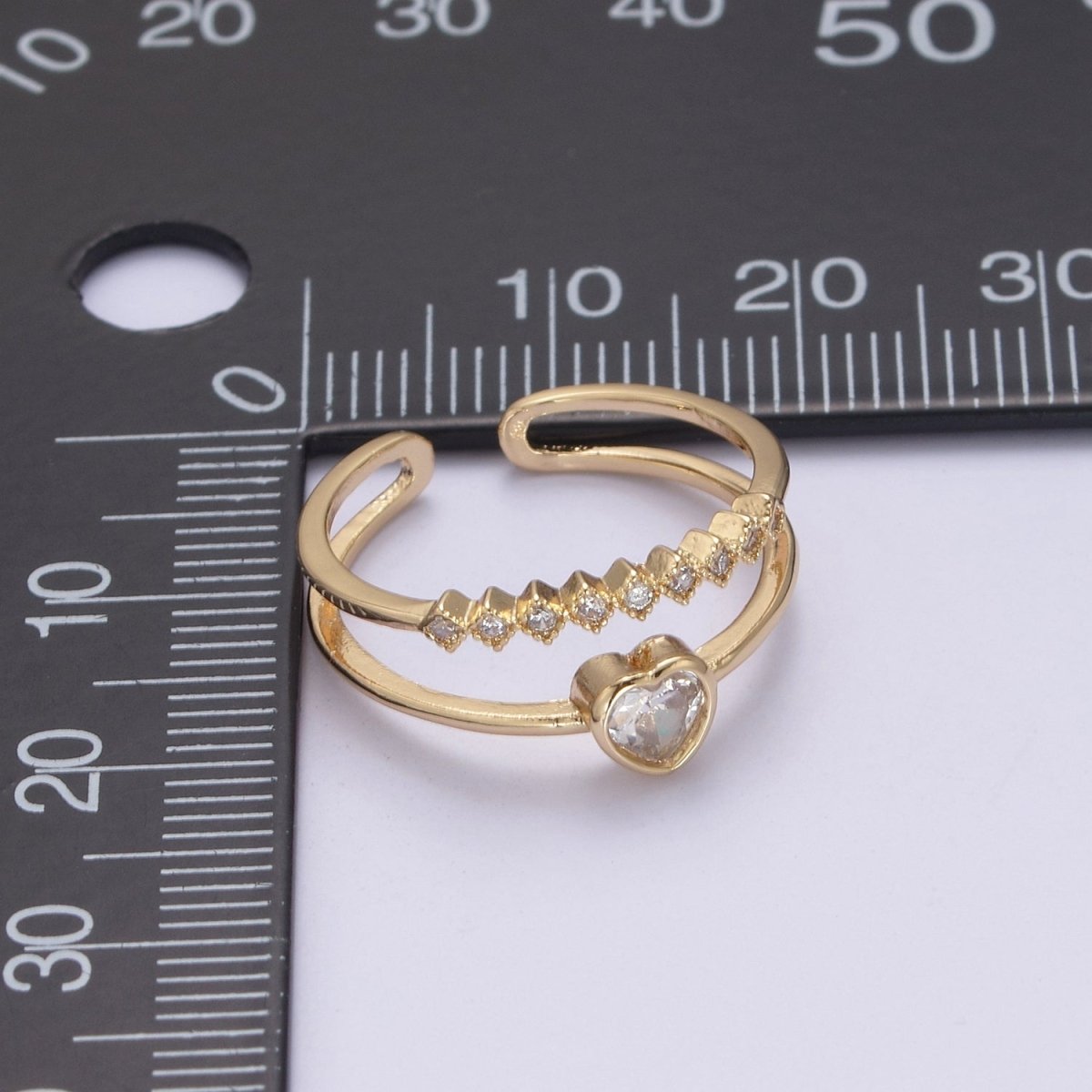 16K Gold Filled Double Band Geometric Square & Heart Crystal Zirconia CZ Promise Ring, Adjustable Ring For Valentine U-337 - DLUXCA