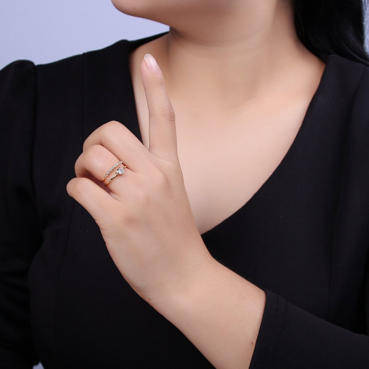 16K Gold Filled Double Band Geometric Square & Heart Crystal Zirconia CZ Promise Ring, Adjustable Ring For Valentine U-337 - DLUXCA