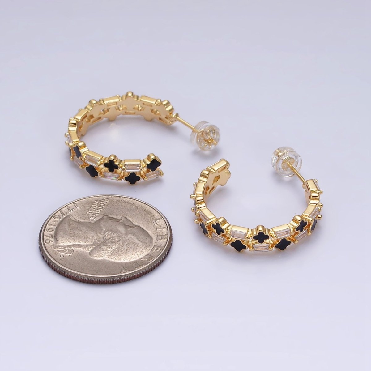 16K Gold Filled Double Black Quatrefoil Clover Clear Baguette C-Shaped Hoop Earrings in Gold & Silver | Y-805 Y-806 - DLUXCA