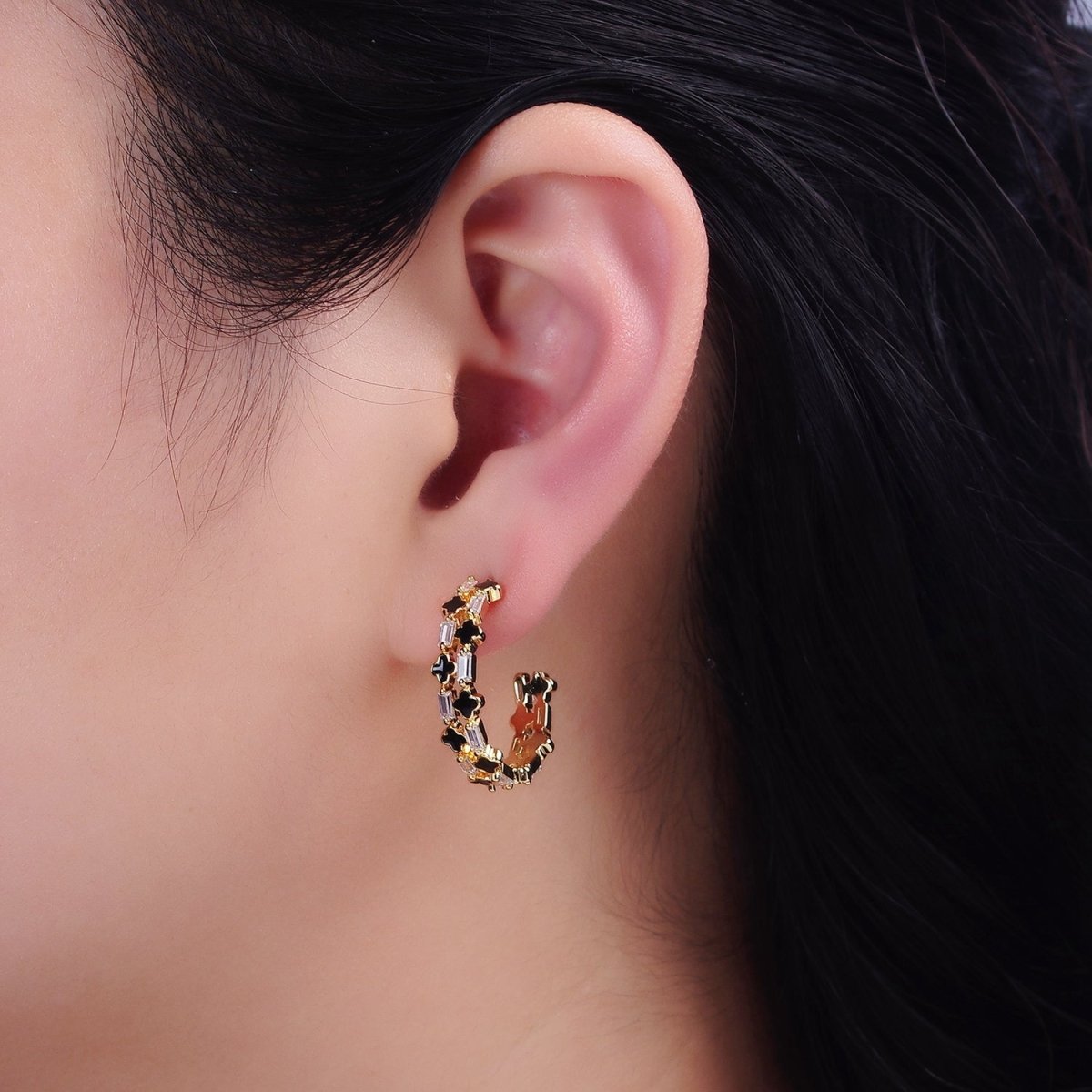 16K Gold Filled Double Black Quatrefoil Clover Clear Baguette C-Shaped Hoop Earrings in Gold & Silver | Y-805 Y-806 - DLUXCA