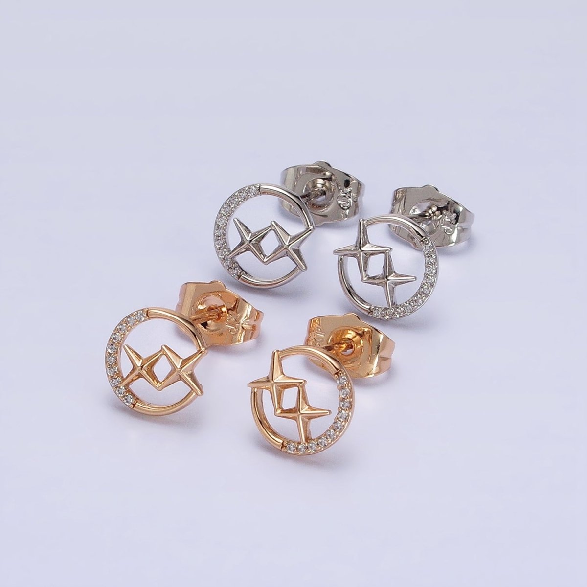 16K Gold Filled Double Celestial Star Micro Paved Open Round Circular Stud Earrings in Gold & Silver | AD1334 AD1335 - DLUXCA