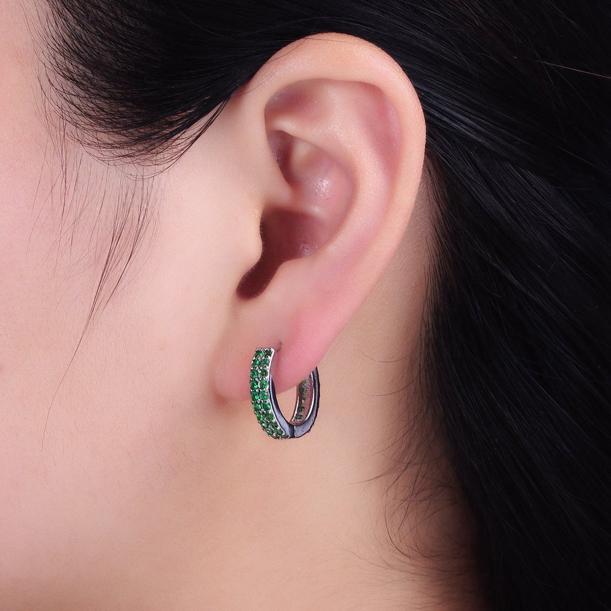 16K Gold Filled Double Green Micro Paved CZ 16mm Huggie Earrings in Gold & Silver | AB1453 AB1454 - DLUXCA