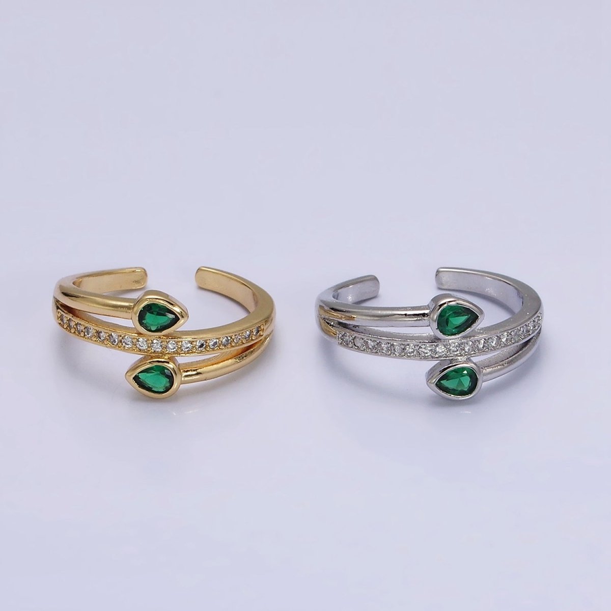 16K Gold Filled Double Green Teardrop Micro Paved CZ Adjustable Ring in Gold & Silver | O-1575 O-1576 - DLUXCA