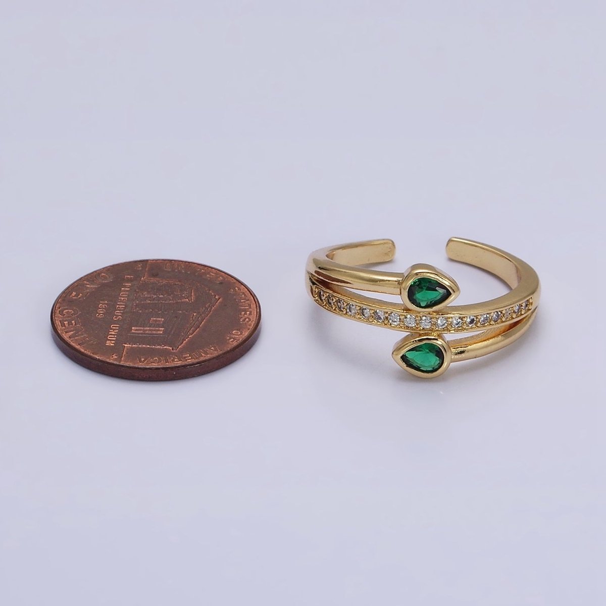 16K Gold Filled Double Green Teardrop Micro Paved CZ Adjustable Ring in Gold & Silver | O-1575 O-1576 - DLUXCA