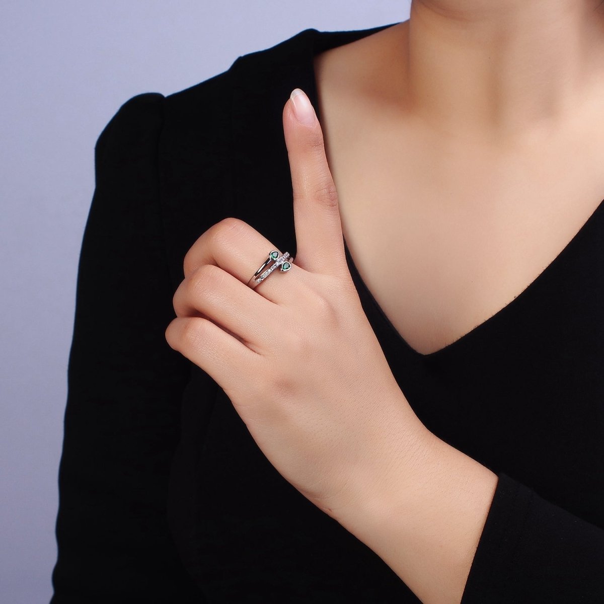 16K Gold Filled Double Green Teardrop Micro Paved CZ Adjustable Ring in Gold & Silver | O-1575 O-1576 - DLUXCA