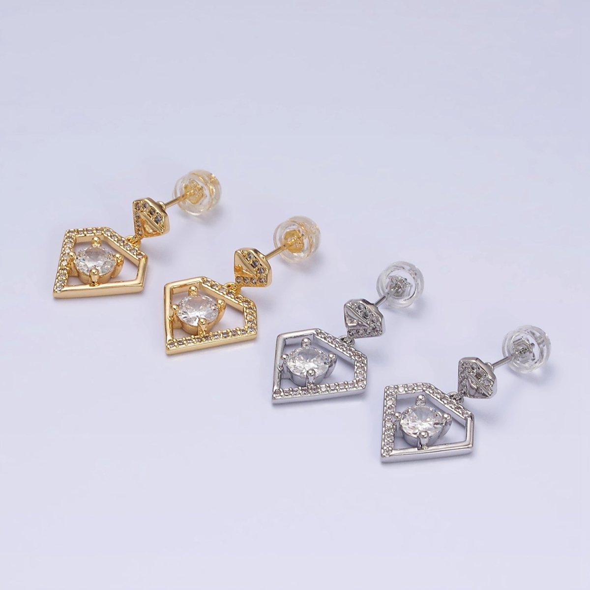 16K Gold Filled Double Micro Paved Diamond Round Clear CZ Drop Stud Earrings in Gold & Silver | AD1327 AD1328 - DLUXCA