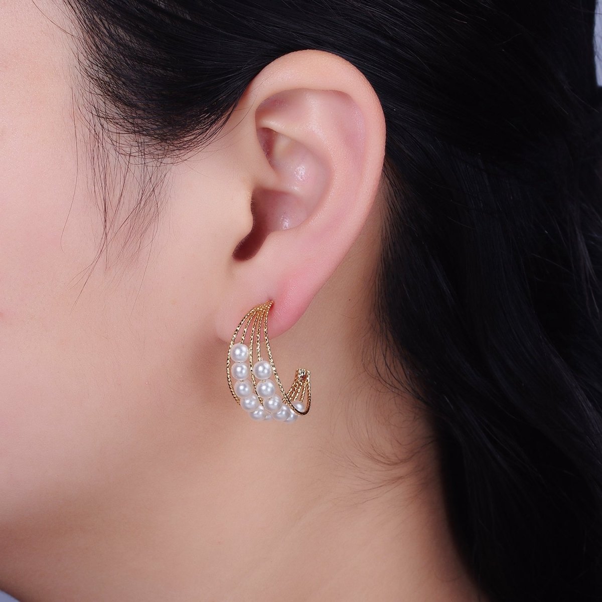 16K Gold Filled Double Pearl Lined Multiple Textured Bar C-Shaped Hoop Earrings | AD945 - DLUXCA