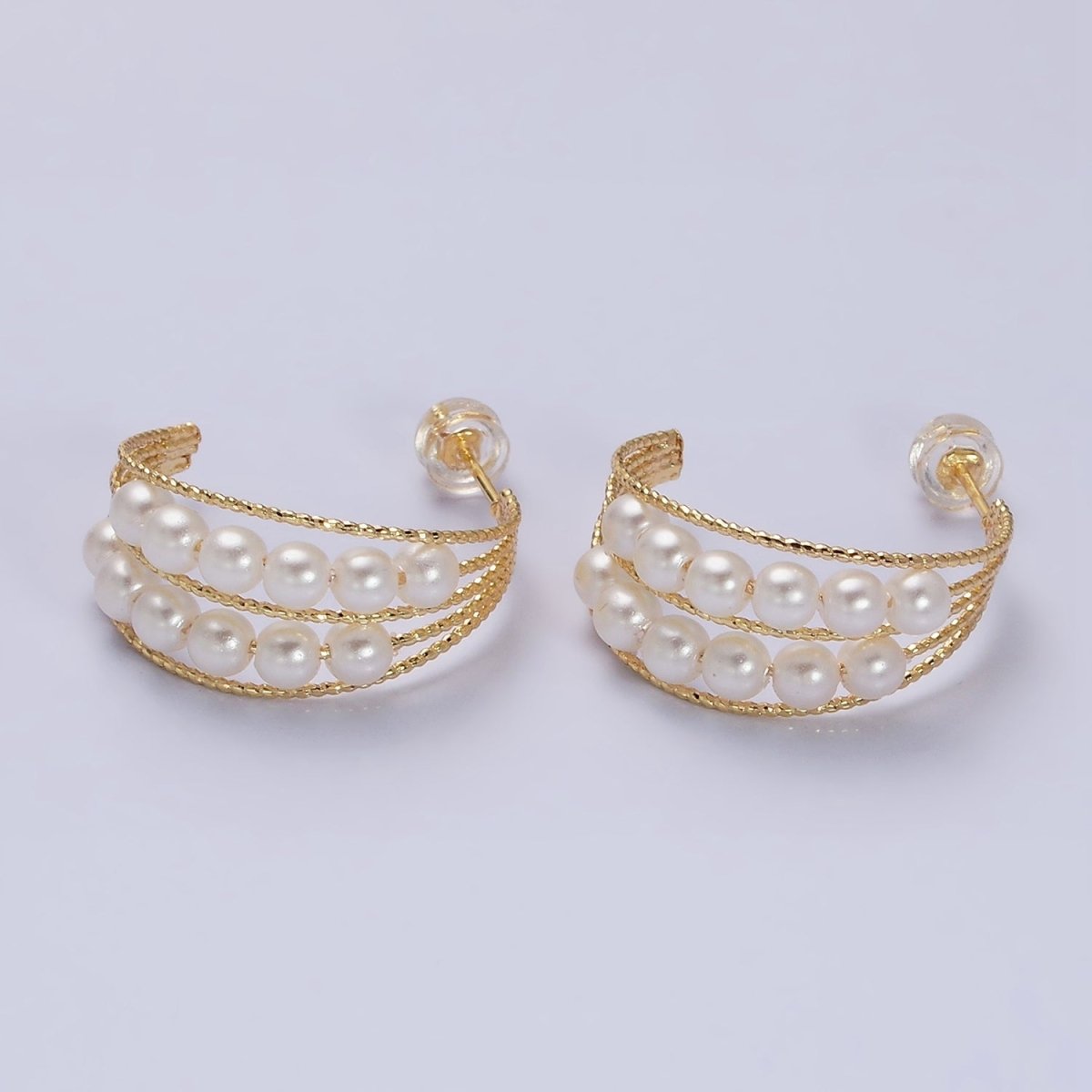 16K Gold Filled Double Pearl Lined Multiple Textured Bar C-Shaped Hoop Earrings | AD945 - DLUXCA