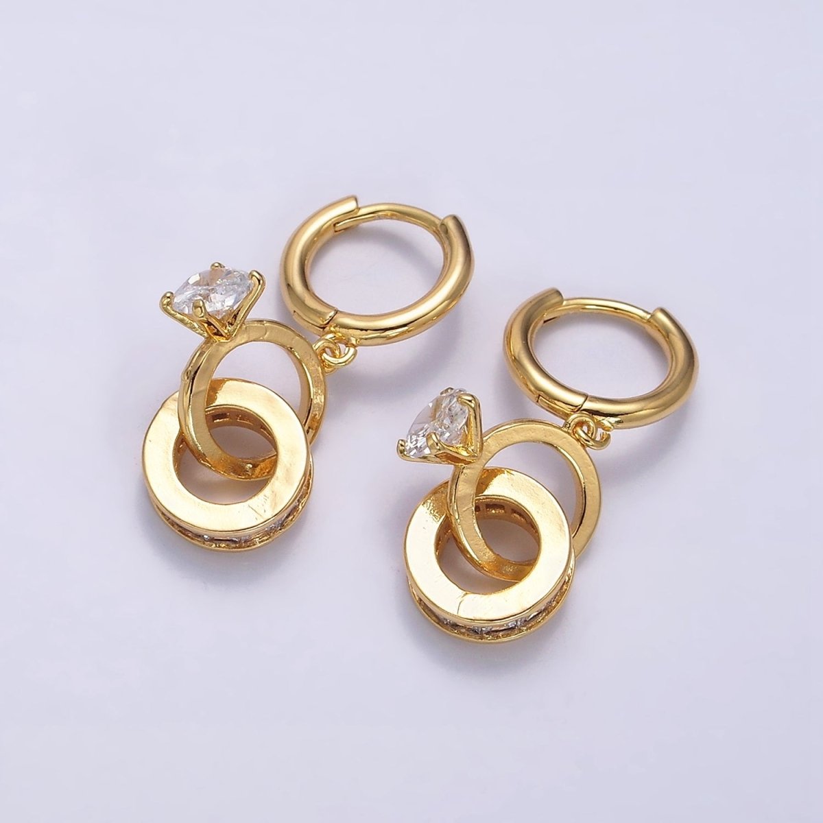 16K Gold Filled Double Round Clear Rhondelle Solitaire CZ Huggie Earrings in Gold & Silver | Y-783 Y-784 - DLUXCA