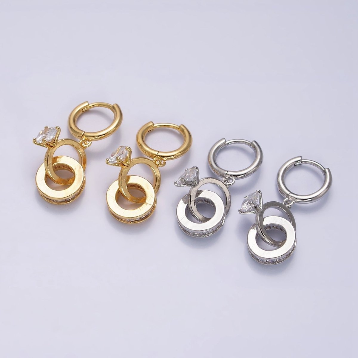 16K Gold Filled Double Round Clear Rhondelle Solitaire CZ Huggie Earrings in Gold & Silver | Y-783 Y-784 - DLUXCA