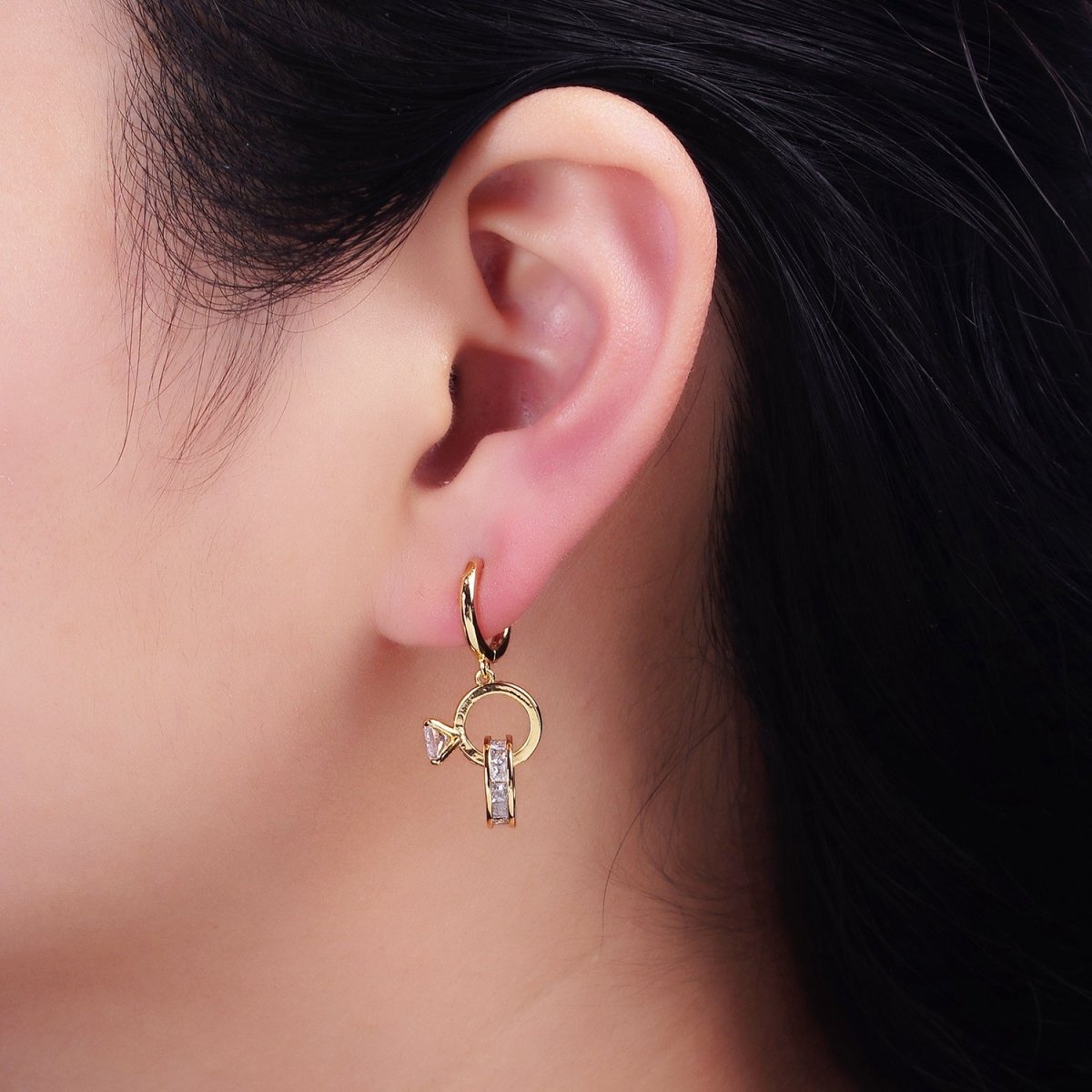 16K Gold Filled Double Round Clear Rhondelle Solitaire CZ Huggie Earrings in Gold & Silver | Y-783 Y-784 - DLUXCA