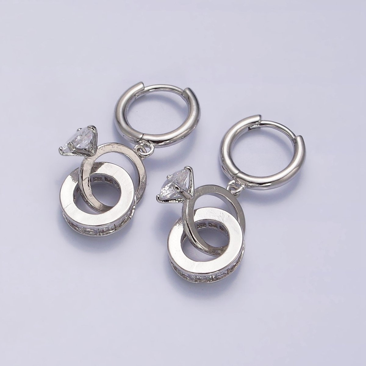 16K Gold Filled Double Round Clear Rhondelle Solitaire CZ Huggie Earrings in Gold & Silver | Y-783 Y-784 - DLUXCA