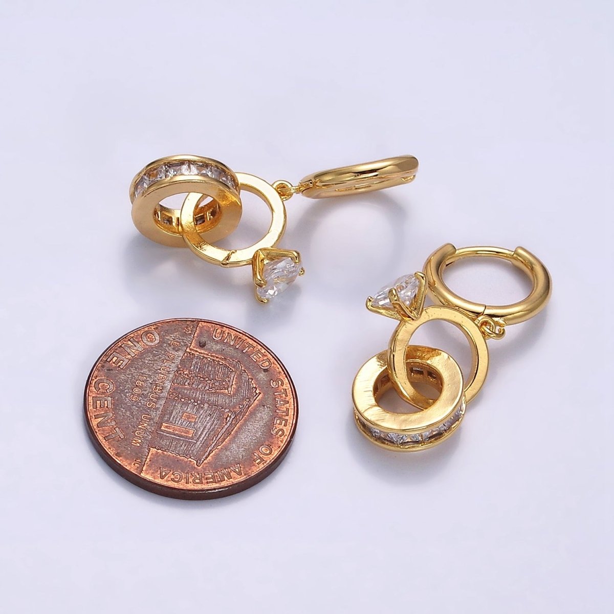 16K Gold Filled Double Round Clear Rhondelle Solitaire CZ Huggie Earrings in Gold & Silver | Y-783 Y-784 - DLUXCA