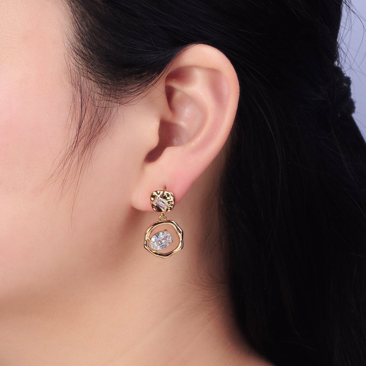 16K Gold Filled Double Round Hammered Clear Baguette Oval CZ Drop Dangle Earrings | AB390 - DLUXCA