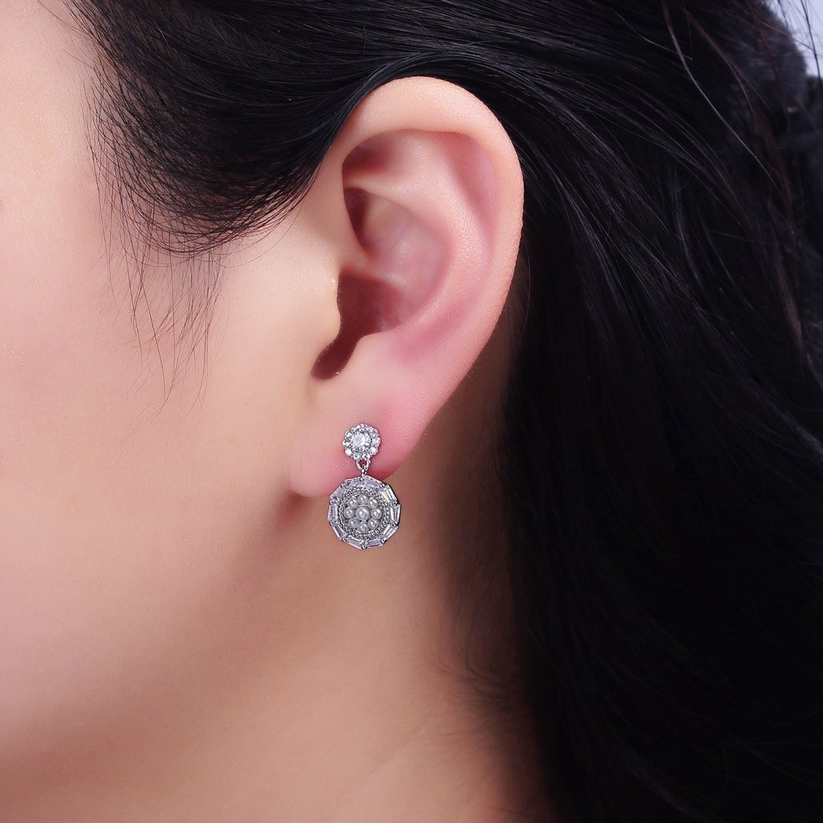 16K Gold Filled Double Round Triangle Baguette Pearl Drop Stud Earrings in Gold & Silver | Y-795 Y-796 - DLUXCA