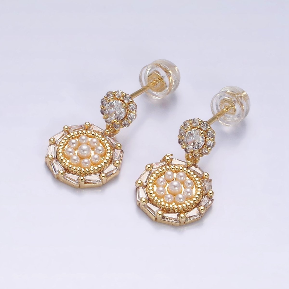 16K Gold Filled Double Round Triangle Baguette Pearl Drop Stud Earrings in Gold & Silver | Y-795 Y-796 - DLUXCA