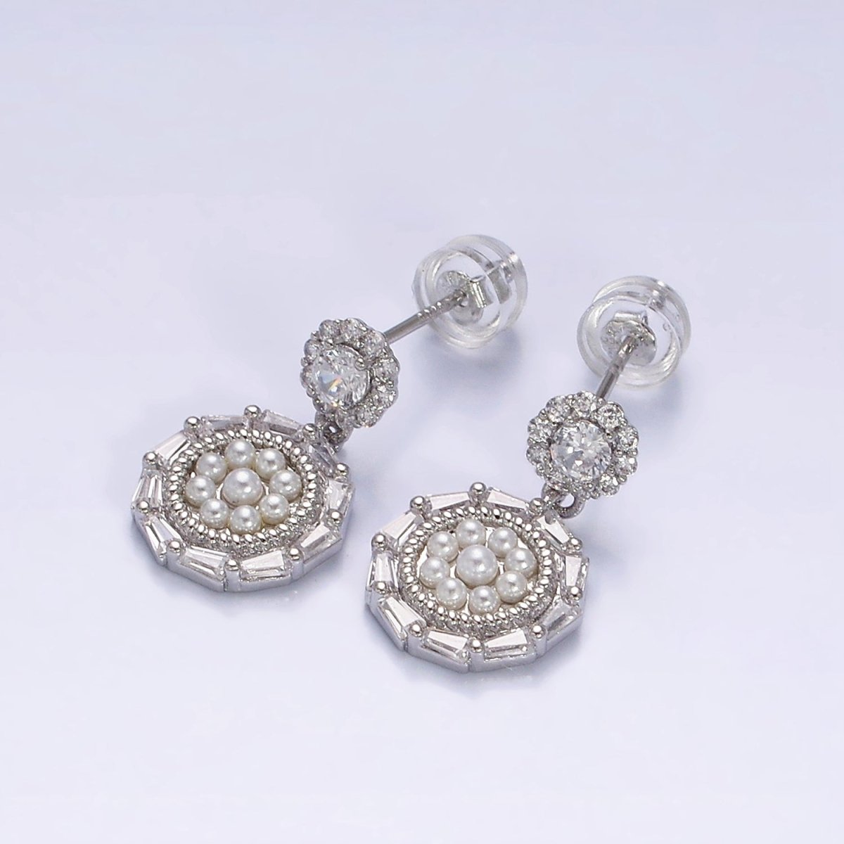 16K Gold Filled Double Round Triangle Baguette Pearl Drop Stud Earrings in Gold & Silver | Y-795 Y-796 - DLUXCA