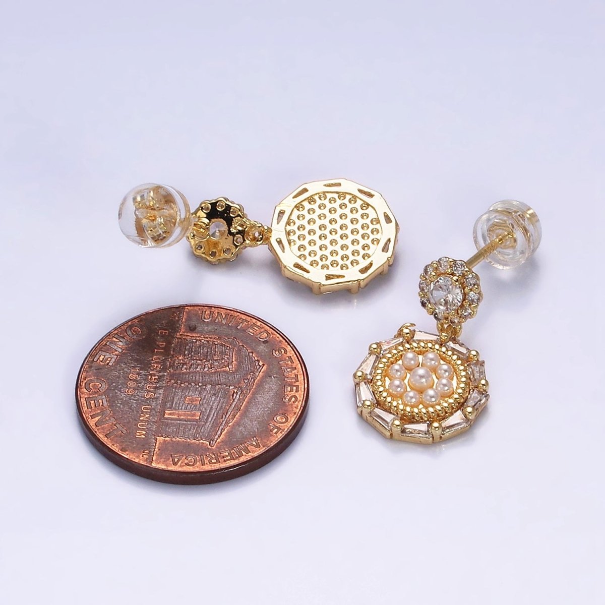 16K Gold Filled Double Round Triangle Baguette Pearl Drop Stud Earrings in Gold & Silver | Y-795 Y-796 - DLUXCA