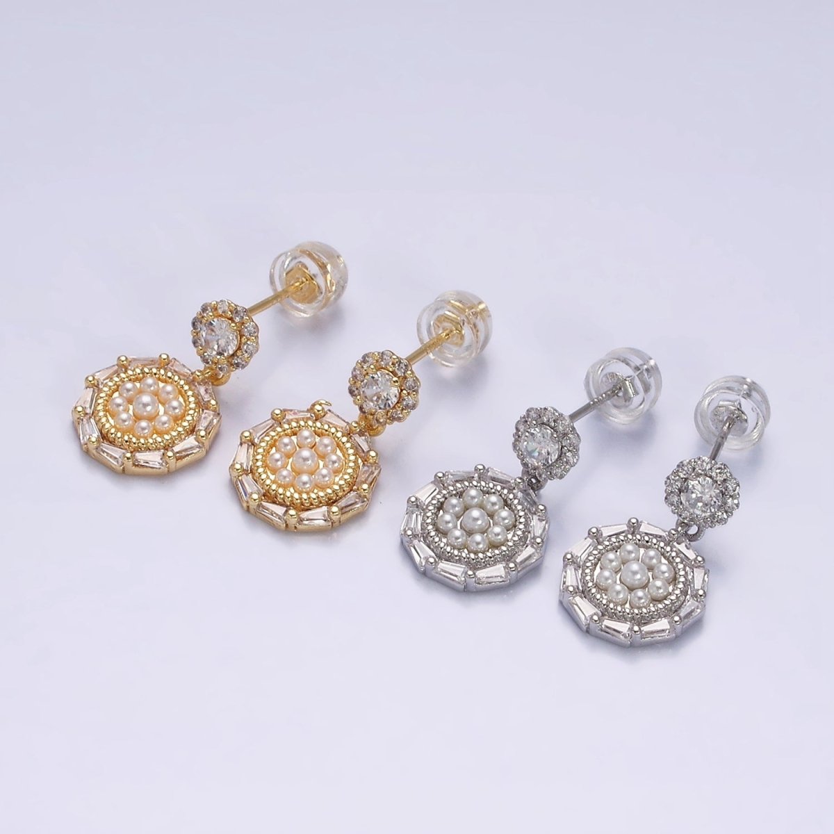 16K Gold Filled Double Round Triangle Baguette Pearl Drop Stud Earrings in Gold & Silver | Y-795 Y-796 - DLUXCA