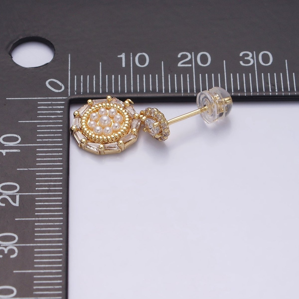 16K Gold Filled Double Round Triangle Baguette Pearl Drop Stud Earrings in Gold & Silver | Y-795 Y-796 - DLUXCA