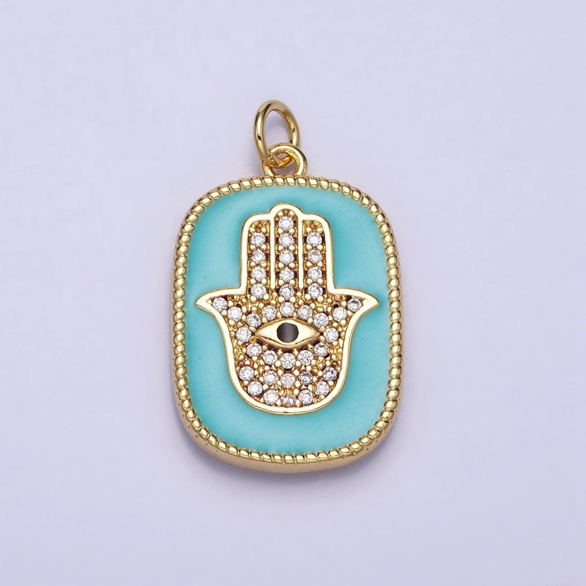 16K Gold Filled Double Sided Micro Paved CZ Hamsa Hand Evil Eye Turquoise Enamel Tag Charm | AC953 - DLUXCA