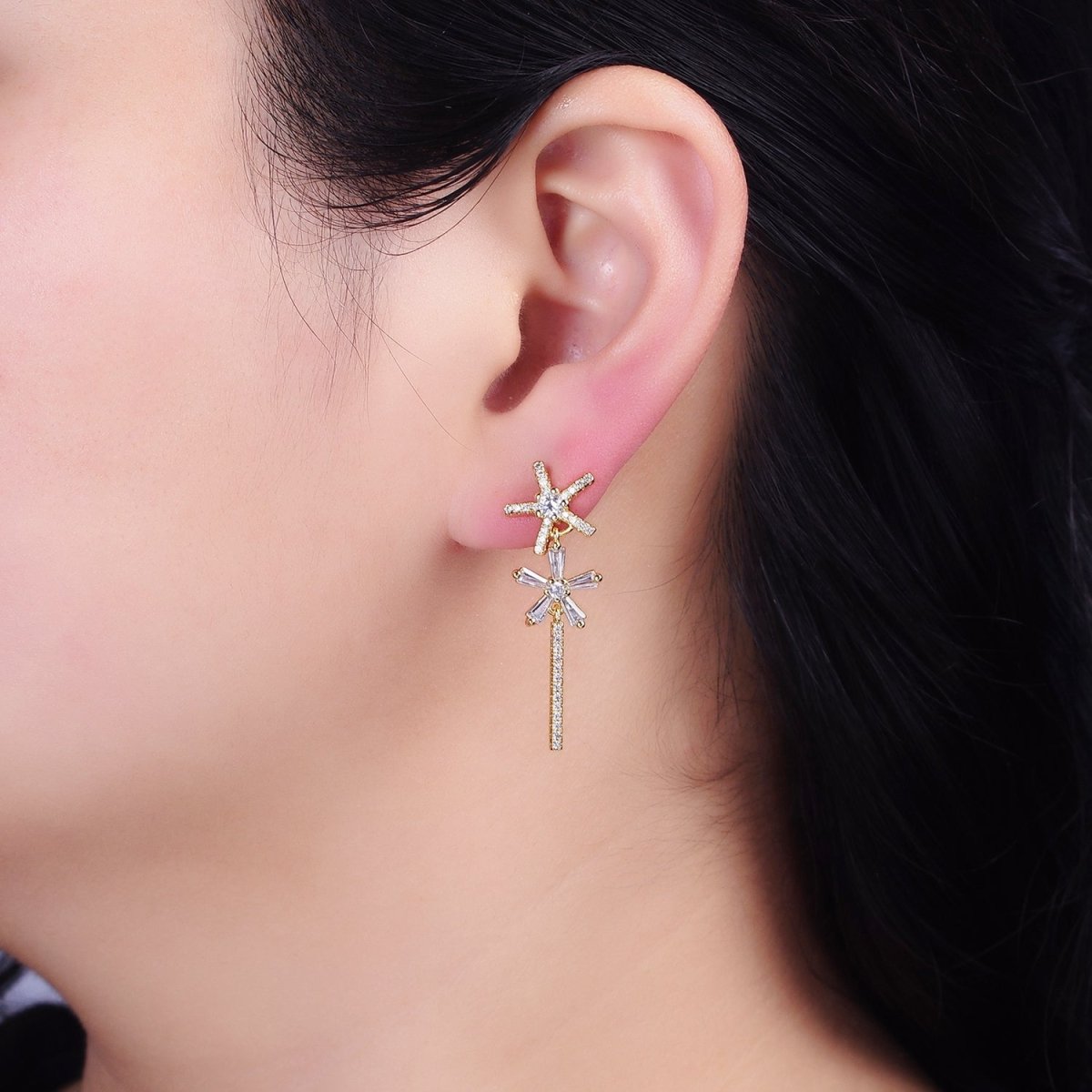 16K Gold Filled Double Star Flower Baguette Micro Paved CZ Bar Drop Stud Earrings in Gold & Silver | AD1136 AD1137 - DLUXCA