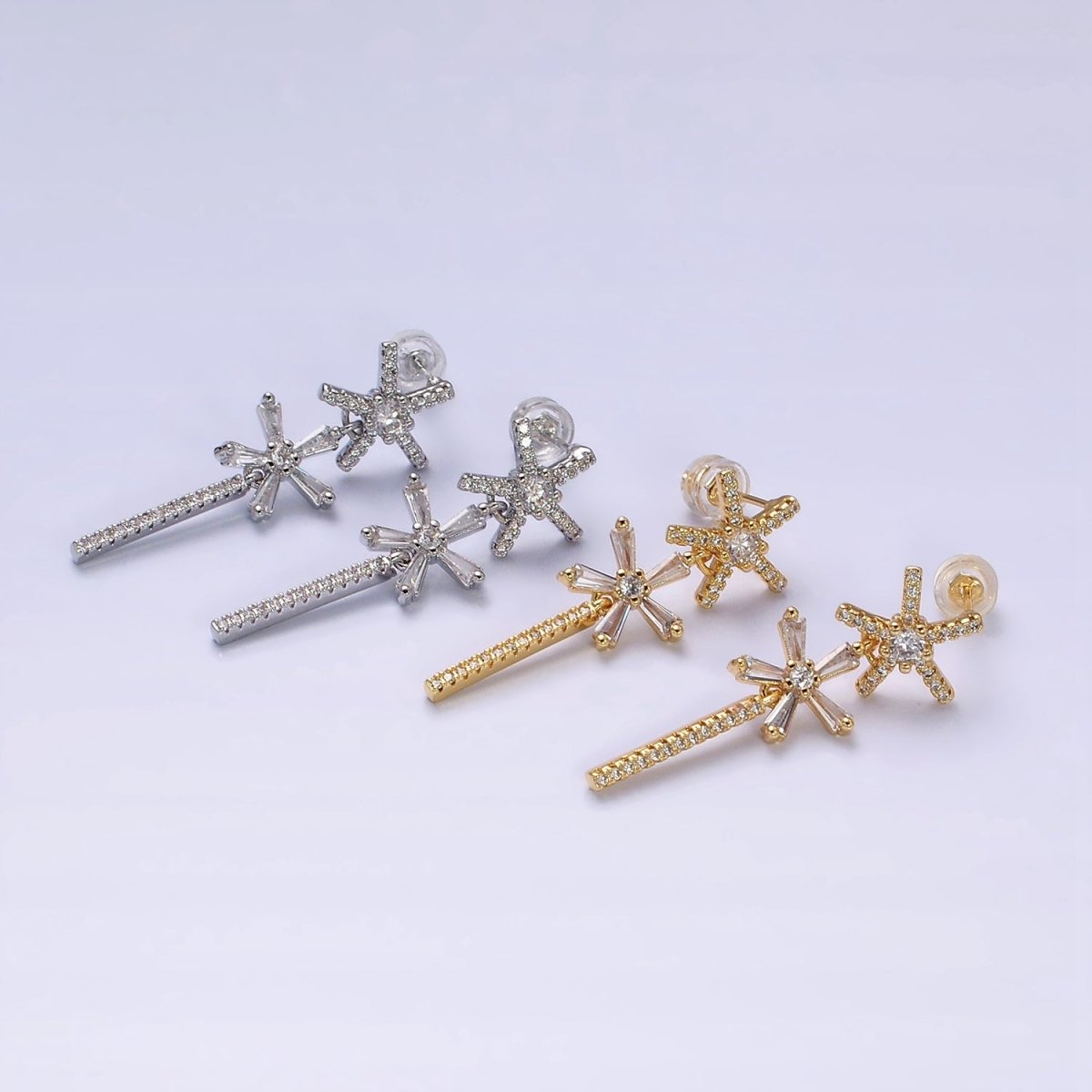 16K Gold Filled Double Star Flower Baguette Micro Paved CZ Bar Drop Stud Earrings in Gold & Silver | AD1136 AD1137 - DLUXCA