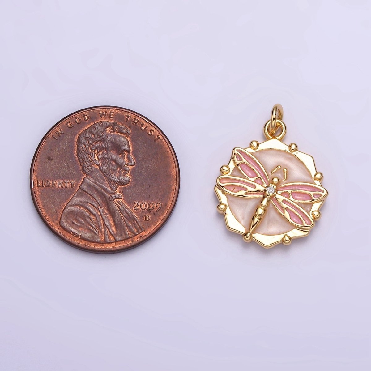 16K Gold Filled Dragonfly Insect White, Pink, Blue Sparkly Enamel Hexagonal Charm | AC1555 - AC1560 - DLUXCA