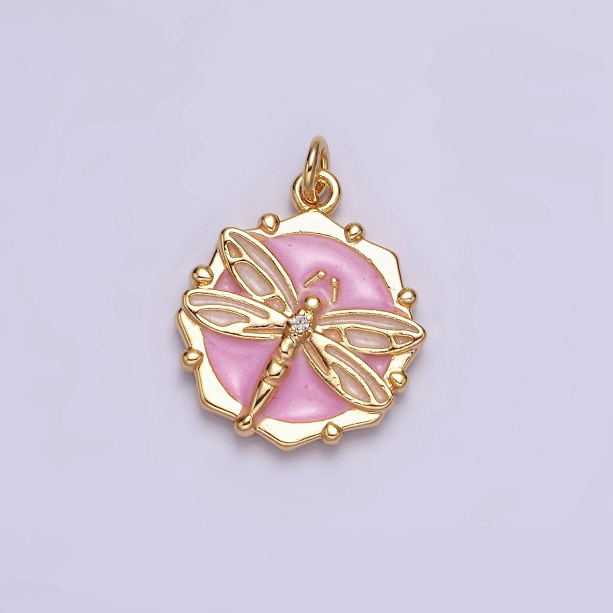 16K Gold Filled Dragonfly Insect White, Pink, Blue Sparkly Enamel Hexagonal Charm | AC1555 - AC1560 - DLUXCA