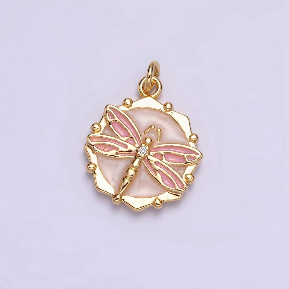16K Gold Filled Dragonfly Insect White, Pink, Blue Sparkly Enamel Hexagonal Charm | AC1555 - AC1560 - DLUXCA