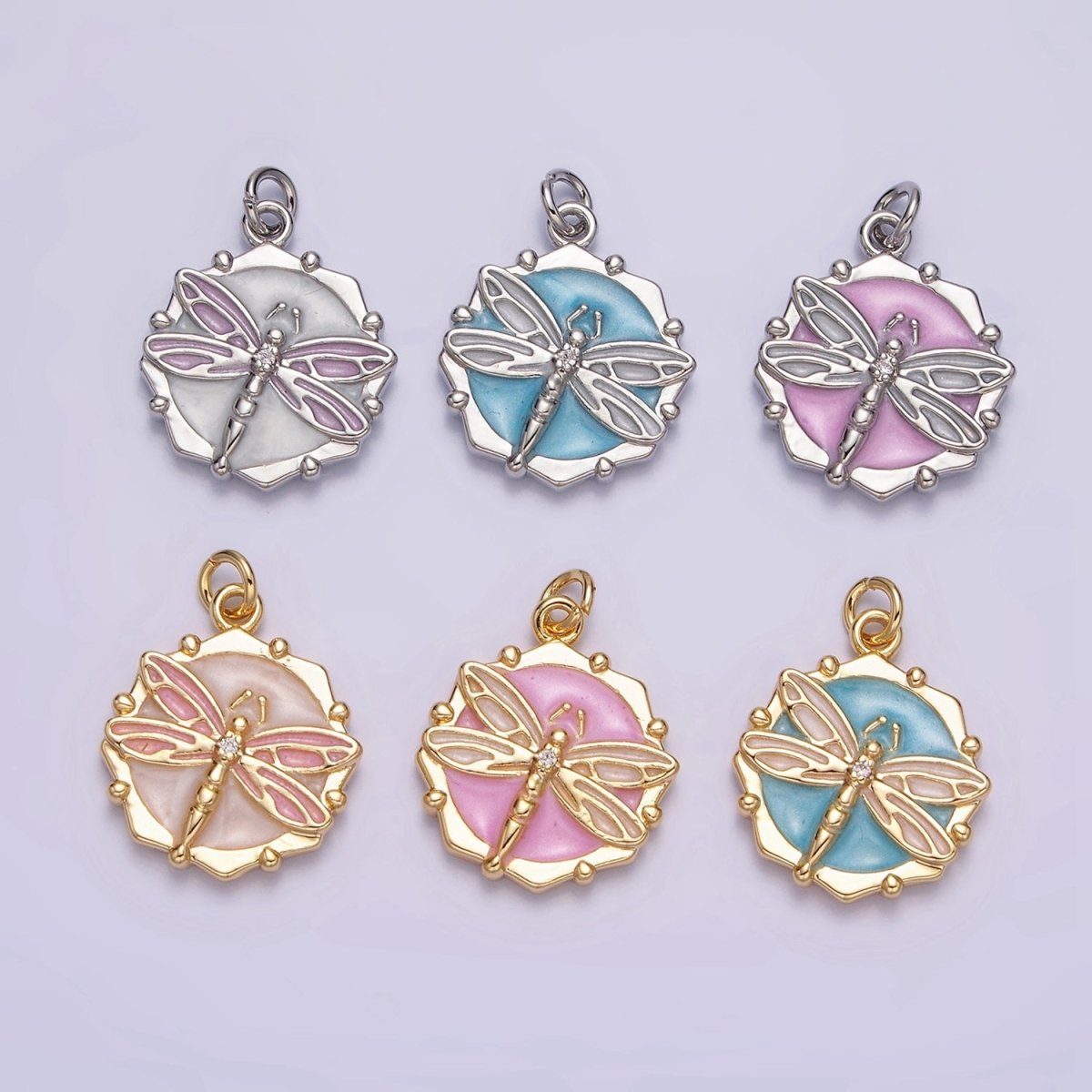 16K Gold Filled Dragonfly Insect White, Pink, Blue Sparkly Enamel Hexagonal Charm | AC1555 - AC1560 - DLUXCA