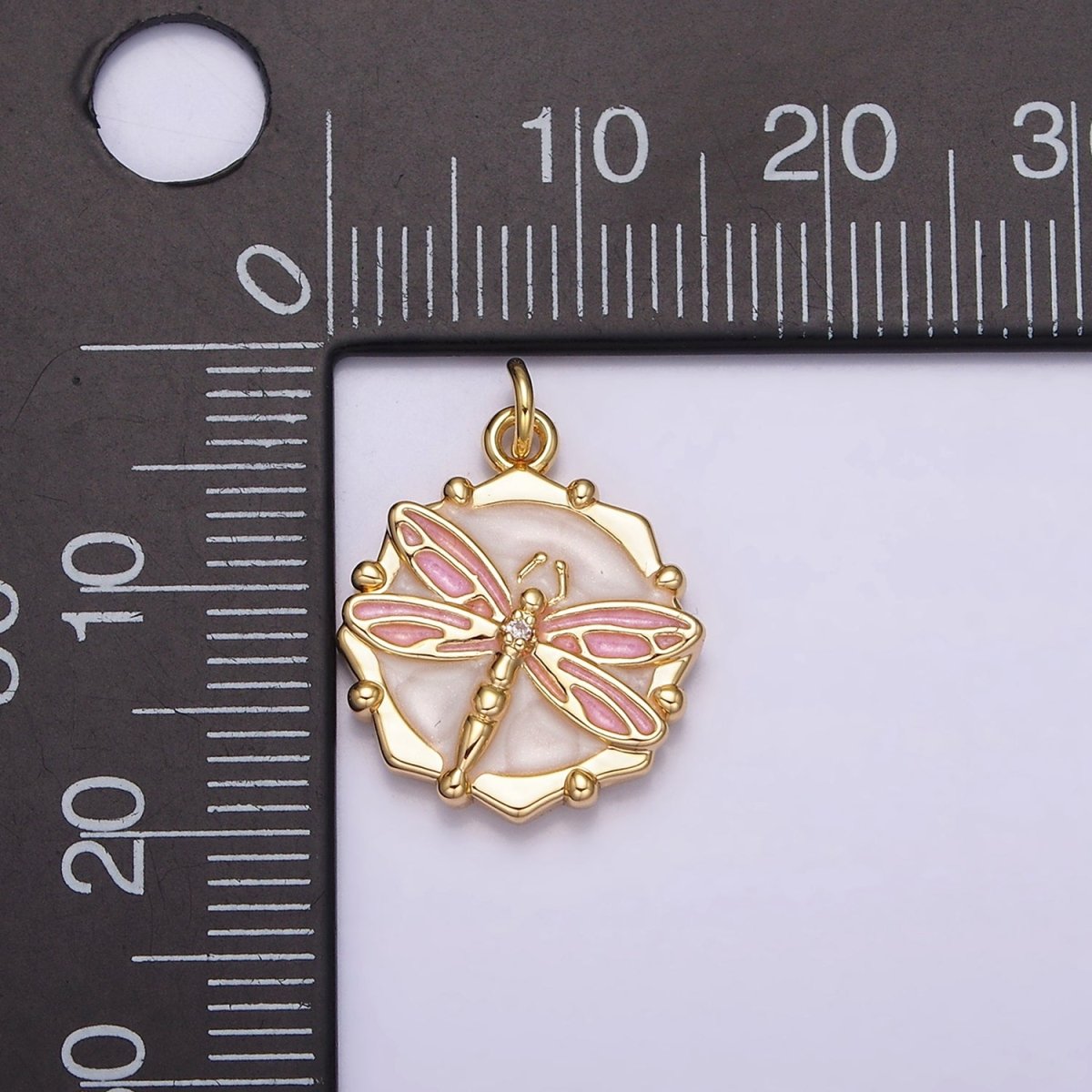 16K Gold Filled Dragonfly Insect White, Pink, Blue Sparkly Enamel Hexagonal Charm | AC1555 - AC1560 - DLUXCA