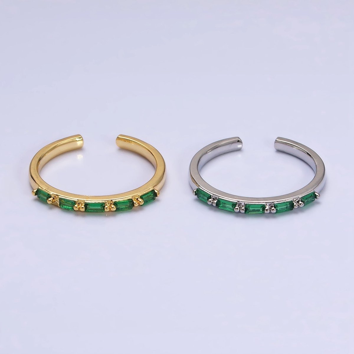 16K Gold Filled Emerald Green Baguette Lined CZ Adjustable Ring in Gold & Silver | O-1593 O-1594 - DLUXCA