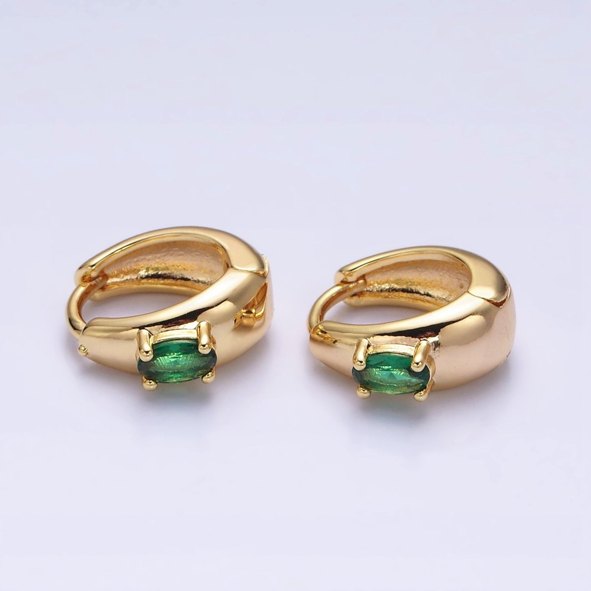 16K Gold Filled Emerald Green Oval CZ Dome 13mm Huggie Earrings in Silver & Gold | AB1501 AD1016 - DLUXCA