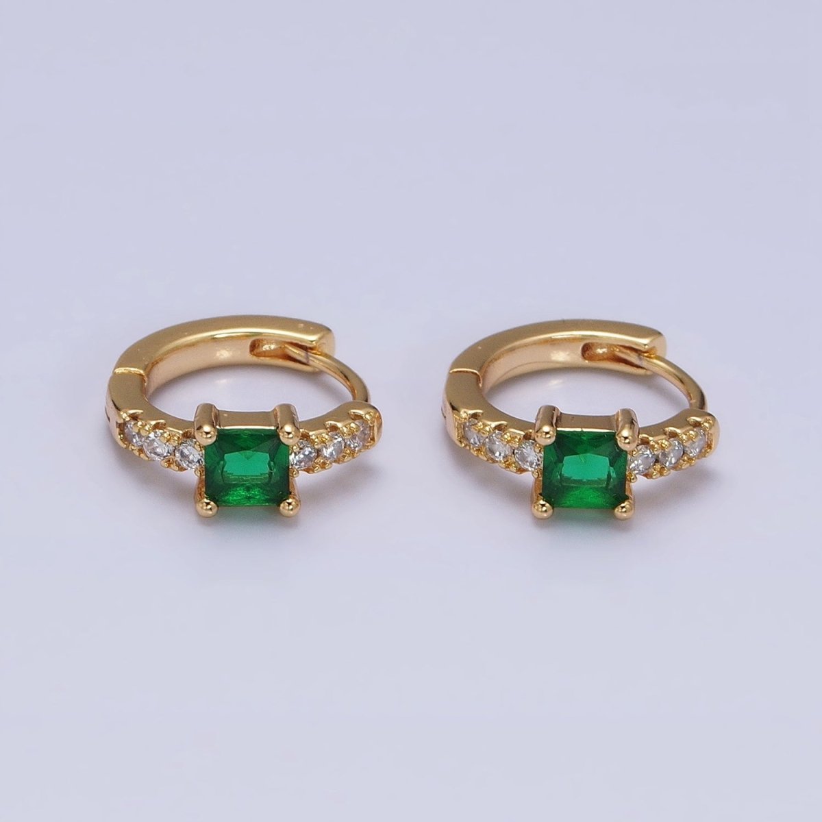 16K Gold Filled Emerald Green Square CZ Micro Paved Cartilage Huggie Earrings in Gold & Silver | AB815 AB657 - DLUXCA
