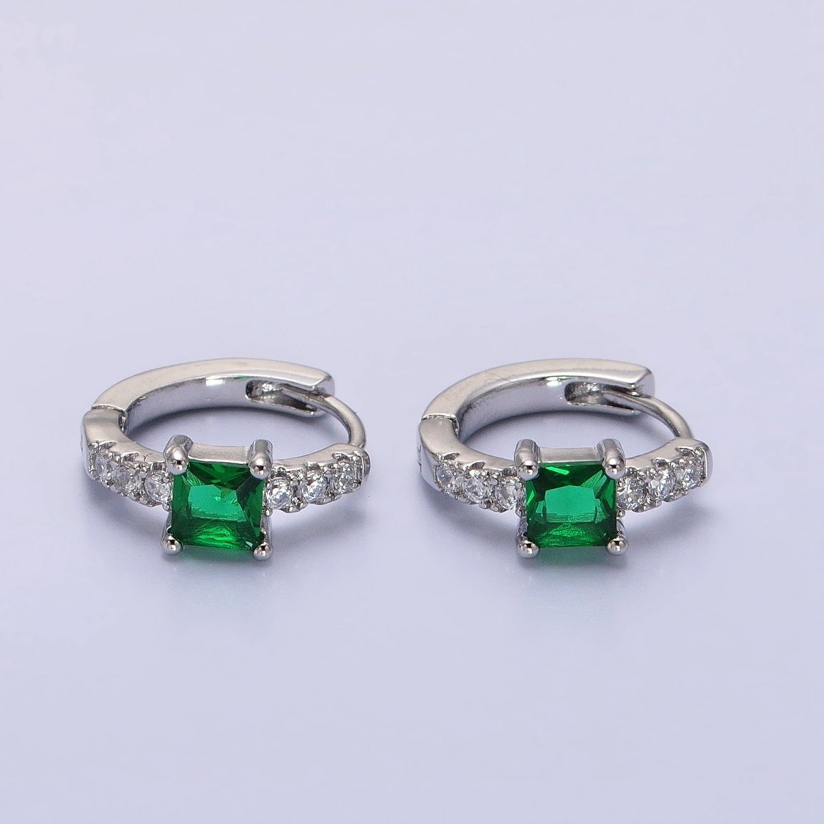16K Gold Filled Emerald Green Square CZ Micro Paved Cartilage Huggie Earrings in Gold & Silver | AB815 AB657 - DLUXCA