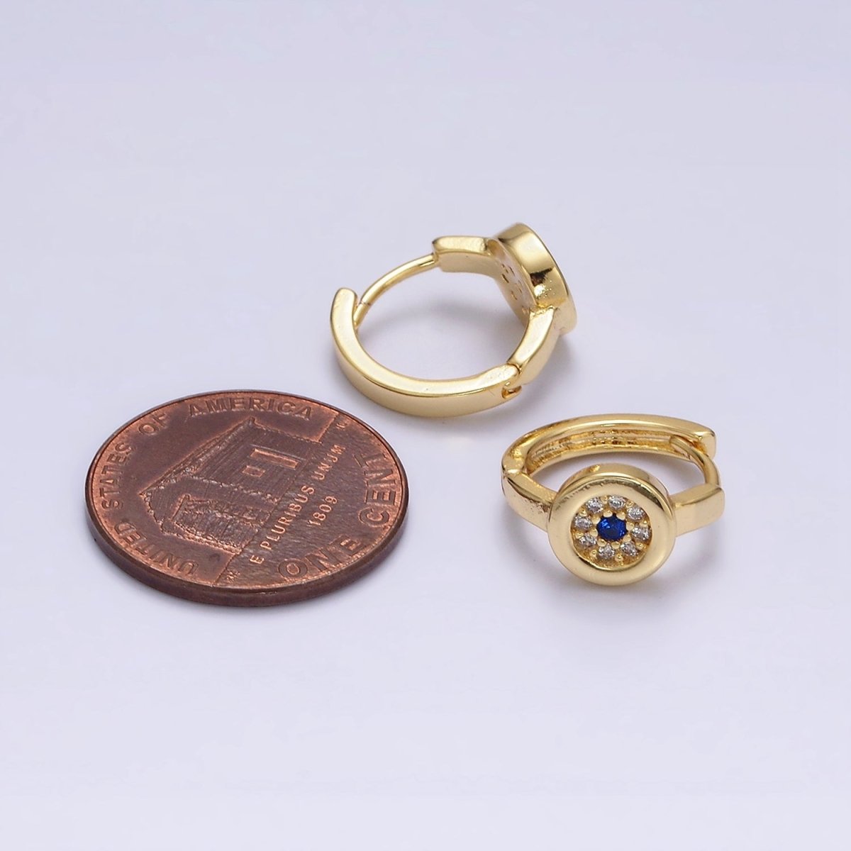 16K Gold Filled Evil Eye Micro Paved CZ Round 13mm Huggie Earrings | AE605 - DLUXCA
