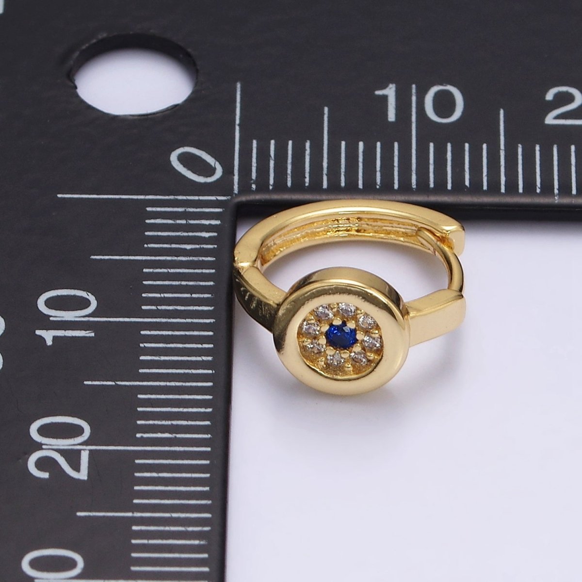 16K Gold Filled Evil Eye Micro Paved CZ Round 13mm Huggie Earrings | AE605 - DLUXCA