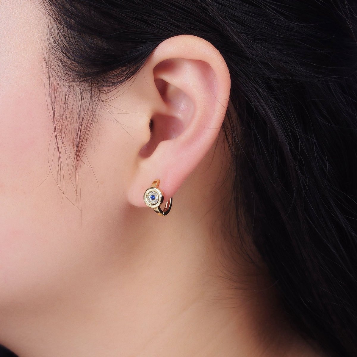 16K Gold Filled Evil Eye Micro Paved CZ Round 13mm Huggie Earrings | AE605 - DLUXCA