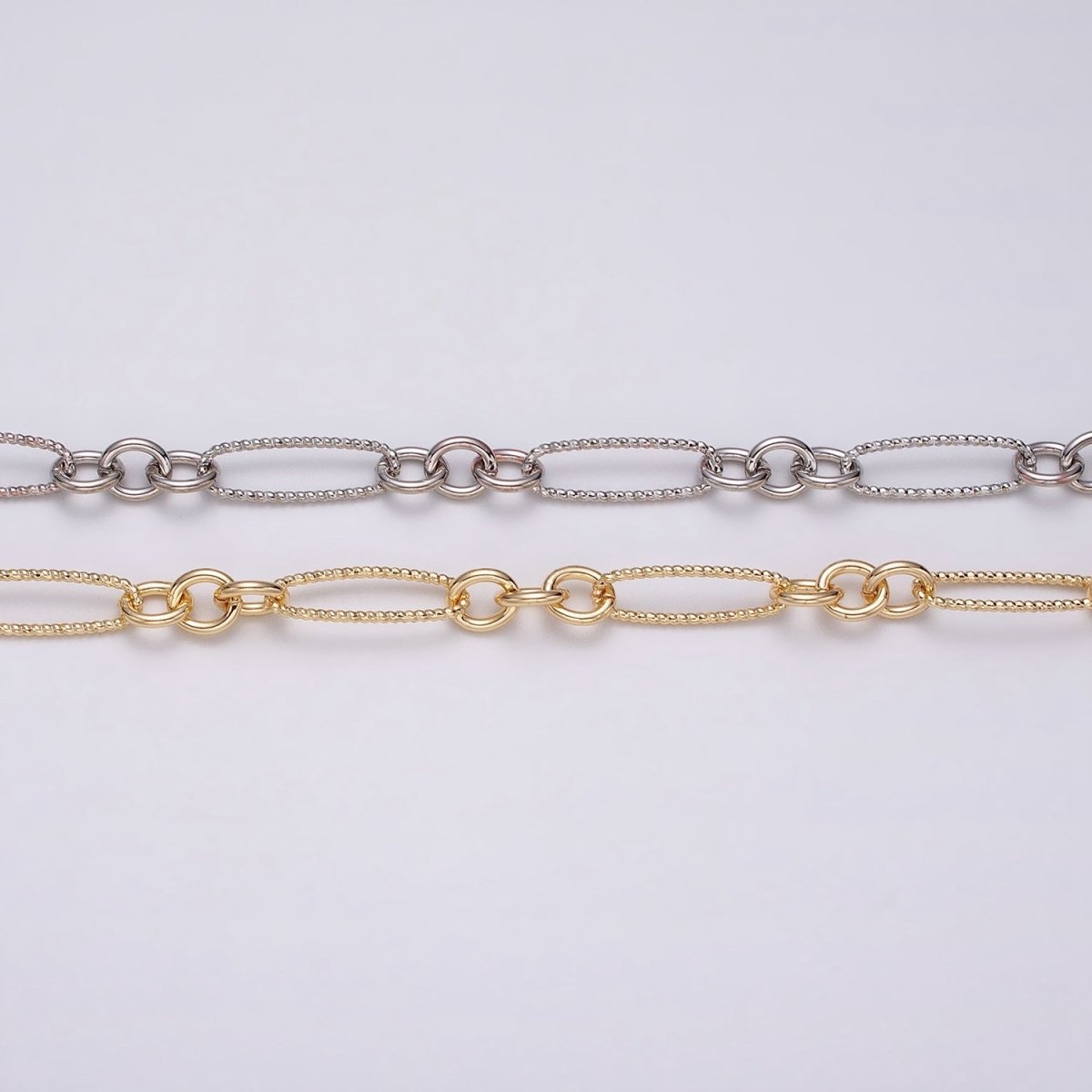 16K Gold Filled Figaro Long and Short Fancy Unfinished Chain by Yard in Gold & Silver | ROLL-1215 ROLL-1216 Clearance Pricing - DLUXCA