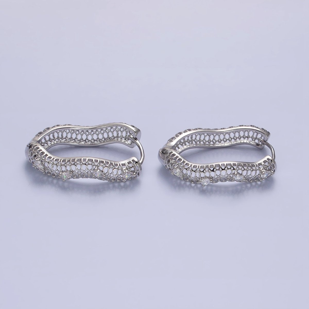 16K Gold Filled Filigree Geometric Wavy Teardrop CZ Dotted Oblong Hoop Earrings in Silver & Gold | AB1428 AD1190 - DLUXCA