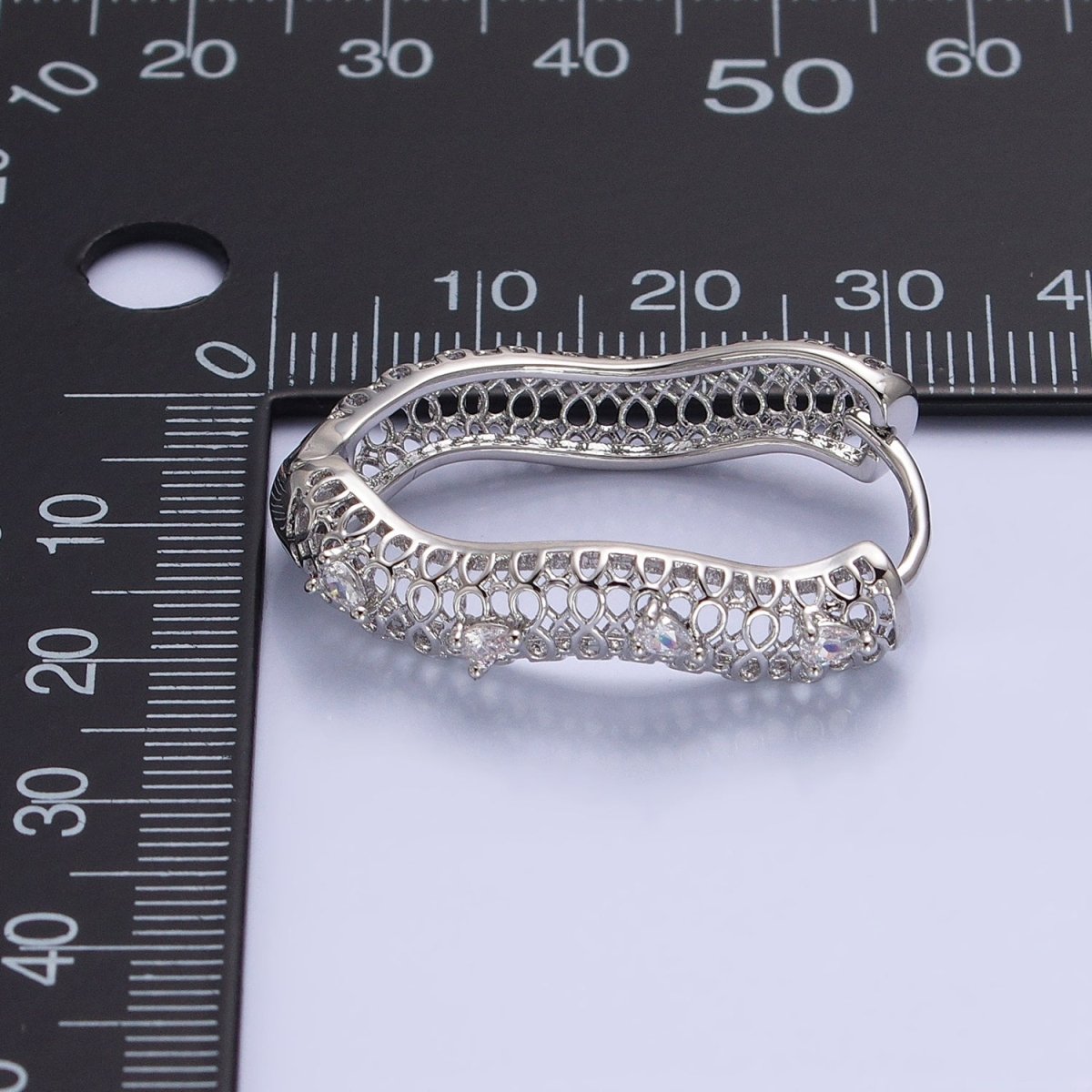 16K Gold Filled Filigree Geometric Wavy Teardrop CZ Dotted Oblong Hoop Earrings in Silver & Gold | AB1428 AD1190 - DLUXCA