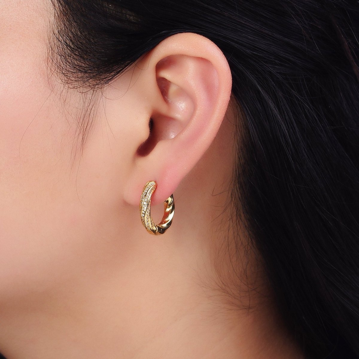 16K Gold Filled Flat Twisted Half Micro Paved CZ 20mm Huggie Hoop Earrings | AD1560 - DLUXCA