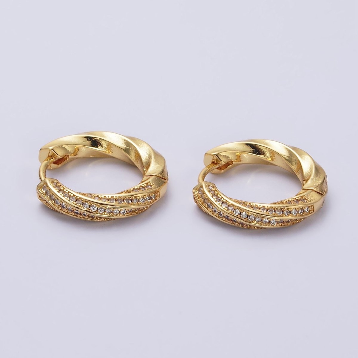 16K Gold Filled Flat Twisted Half Micro Paved CZ 20mm Huggie Hoop Earrings | AD1560 - DLUXCA