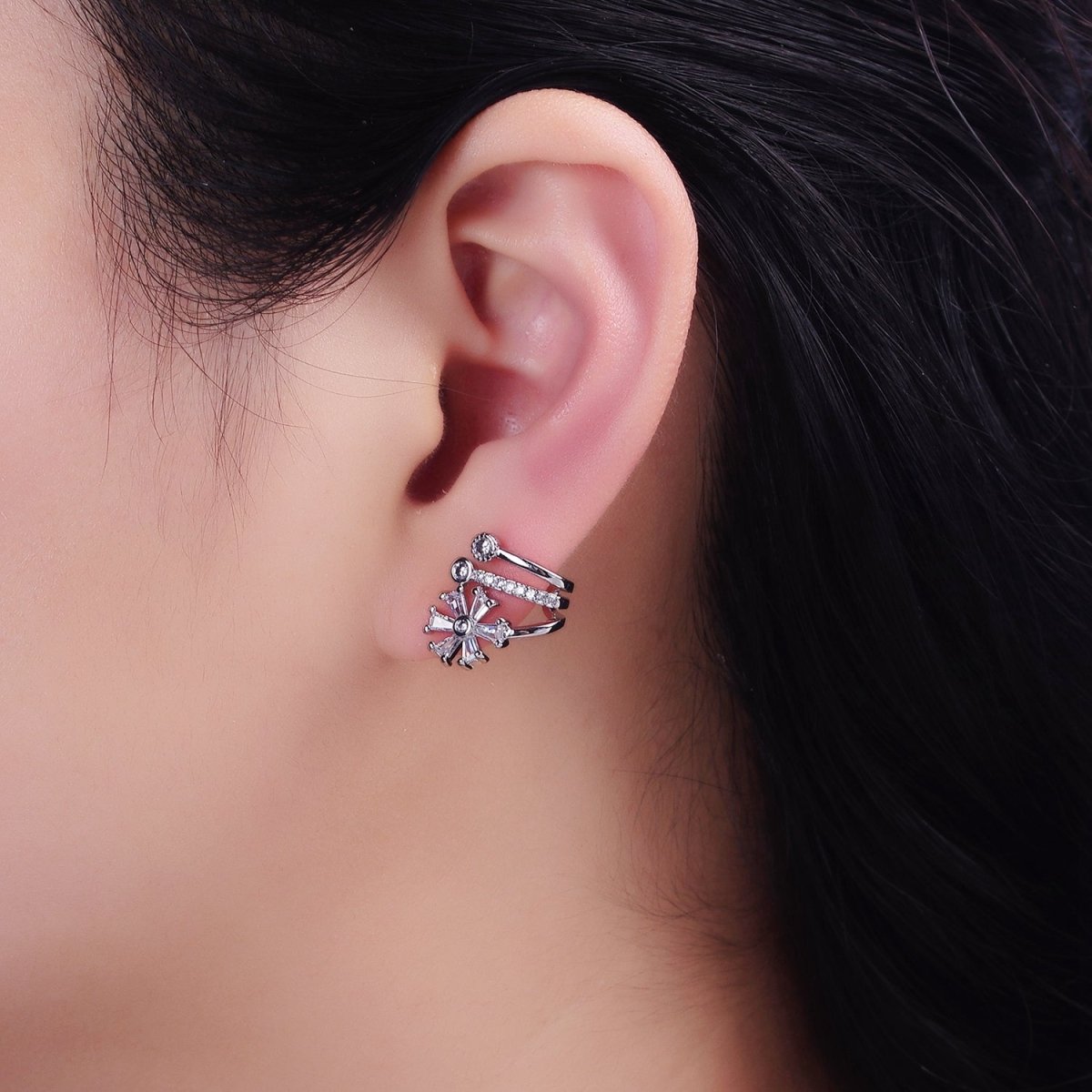 16K Gold Filled Flower Baguette Micro Paved CZ Triple Claw Stud Earrings in Gold & Silver | AD1230 AD1232 - DLUXCA