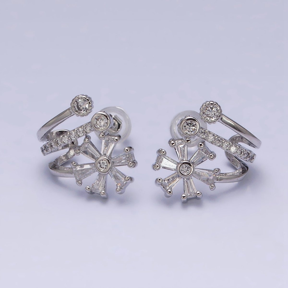 16K Gold Filled Flower Baguette Micro Paved CZ Triple Claw Stud Earrings in Gold & Silver | AD1230 AD1232 - DLUXCA