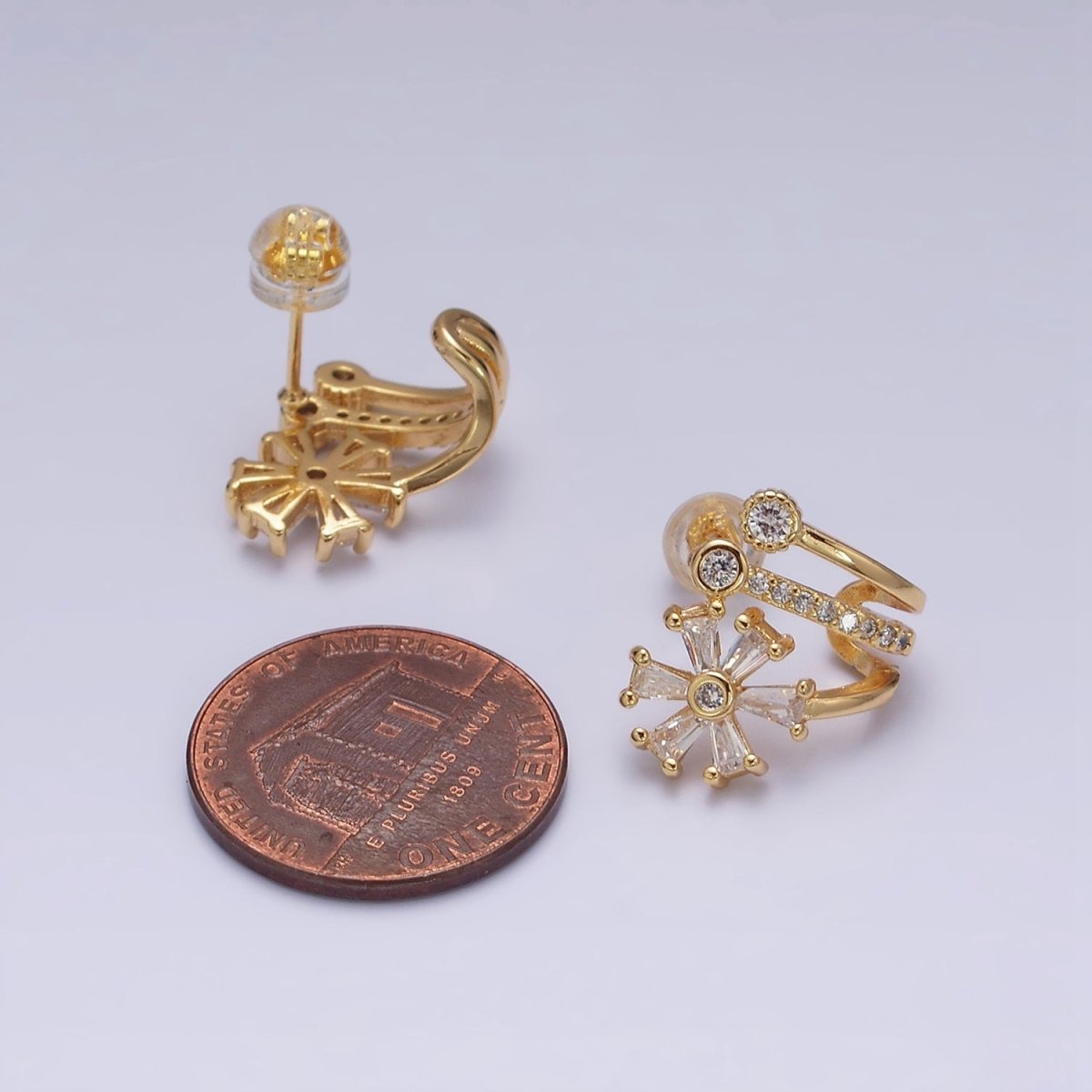 16K Gold Filled Flower Baguette Micro Paved CZ Triple Claw Stud Earrings in Gold & Silver | AD1230 AD1232 - DLUXCA