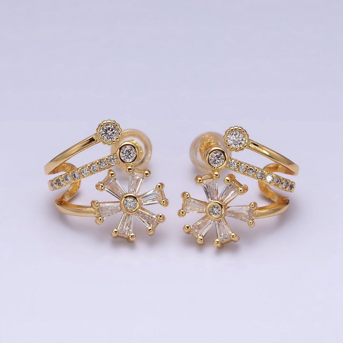 16K Gold Filled Flower Baguette Micro Paved CZ Triple Claw Stud Earrings in Gold & Silver | AD1230 AD1232 - DLUXCA