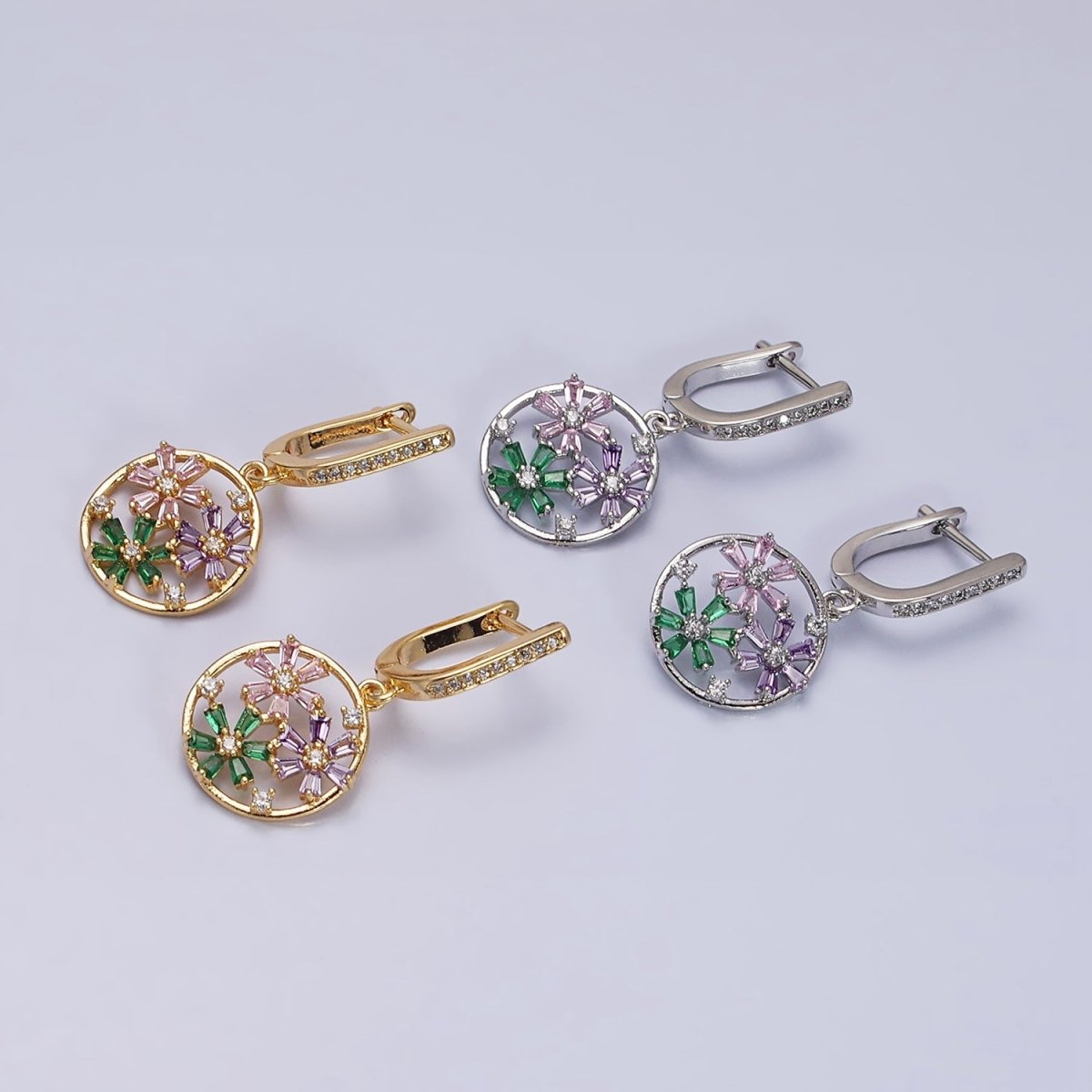 16K Gold Filled Flower Baguette Multicolor Open Drop Micro Paved English Lock Earrings in Gold & Silver | AD1179 AD1180 - DLUXCA